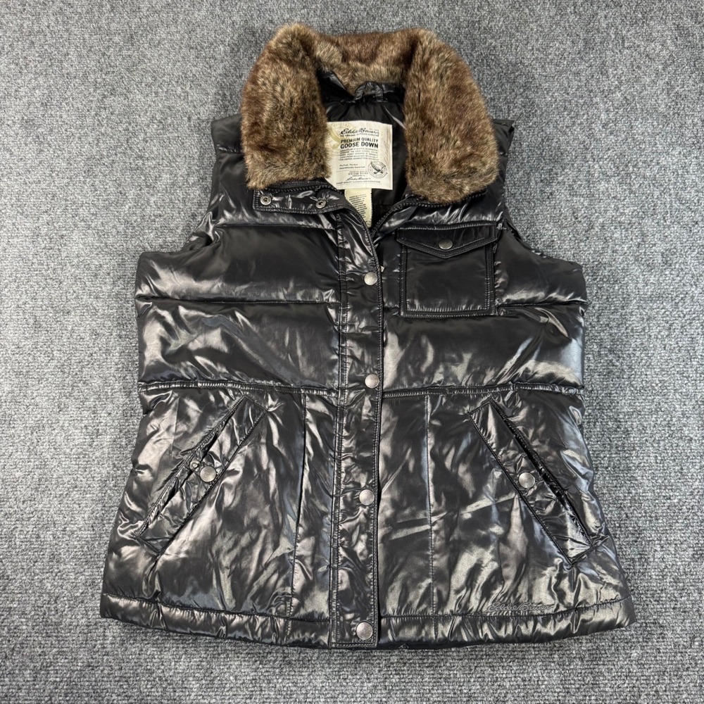 Eddie Bauer Womens Goose Down Puffer Vest Black Metallic Faux‎ Fur Collar Small